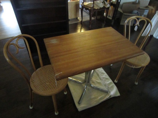 Wood Table w/ Carved Metal Legs, 2 Wicker Heart Motif Slat Back Chairs