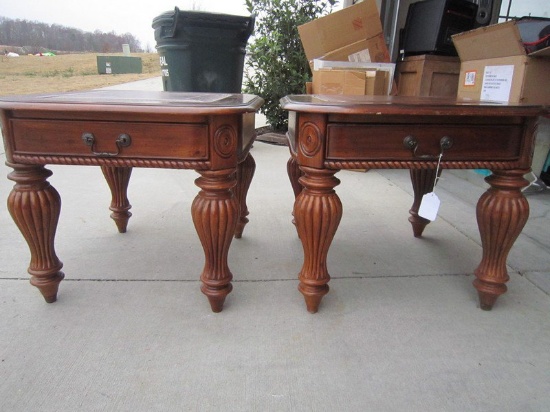 Pair - 1 Drawer Side Table Ornate Wood Carved Design Metal Pulls