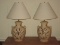 Pair - Ceramic Urn Handled Table Lamps w/ Hand Painted Wheat Design & Speckle Finish