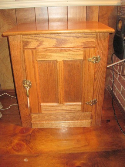 Replica Oak Ice Box Panel Door End Table w/ Brass Hardware