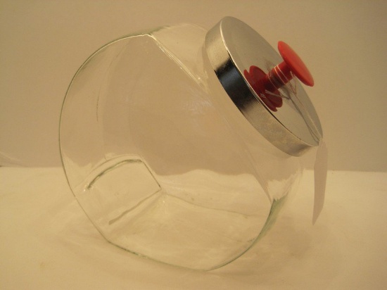 Pressed Glass Cookie Jar w/ Stainless Lid & Red Handle
