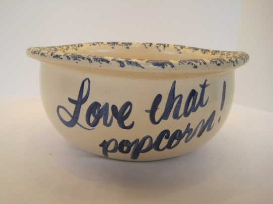 Pottery Heart Shape Popcorn Bowl w/ Spongeware Design Rim