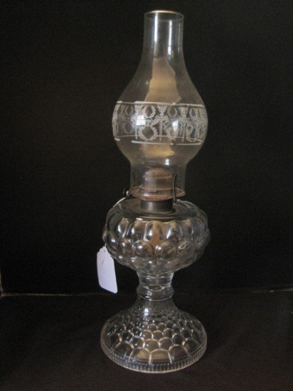 Vintage Pressed Glass Pedestal Oil Lamp & Chimney w/ Laurel Wreath/Torch Design