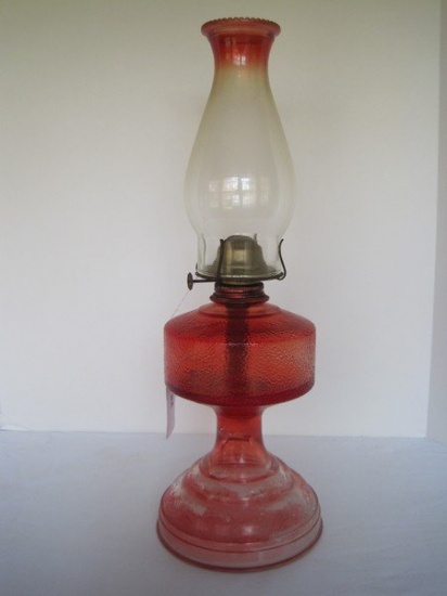 P&A Ruby Flash Pressed Glass Pedestal Oil Lamp Early American Design w/ Eagle Burner