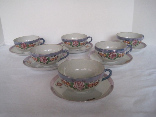 6 Porcelain Lusterware Hand Painted Cups & Saucers