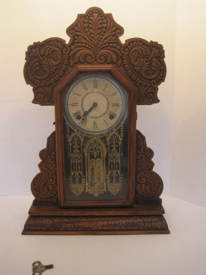 Victorian E. Ingraham & Co. Gingerbread Oak Case Kitchen/Parlor Mantle Clock
