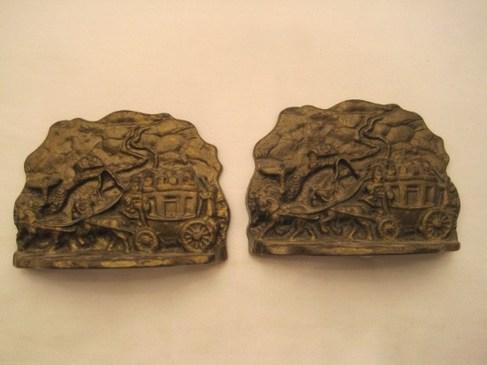 Pair - Cast Iron Relief Stagecoach Bookends Antiqued Patina