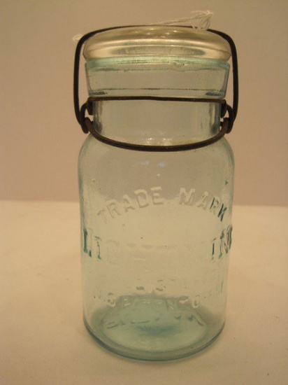 Putman Lightning Blue Glass Canning Jar w/ Wire Lock & Glass Lid #8