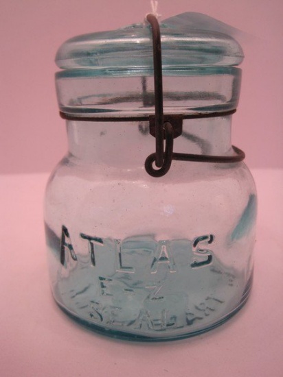 Atlas E-Z Seal Blue Glass Canning Jar w/ Wire Lock & Glass Lid