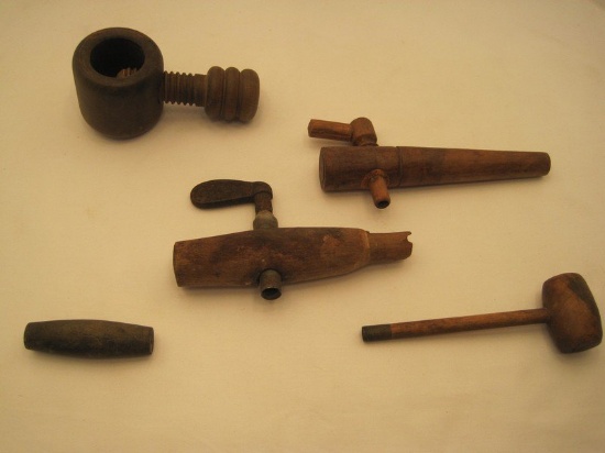 Lot - 2 Wooden Spigot Taps, Small Mallet & Wooden Screw Nutcracker