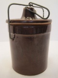 Pottery Crock w/ Bale Wire Lock Lid Brown Glaze Finish