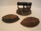 Early Asbestos Sad Iron w/ Wooden Interchangeable Handle & 2 Cores