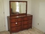 Cherry French Inspired Foliate Design Double Bowfront Dresser w/ Attached Frame Mirror