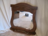 American Colony Style Oak Finish Framed Wall Mirror Shelf & Brass Finish Accent