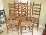 7 Oak Ladder Back Chairs w/ Rush Seats