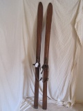 Pair - Old Wooden Skies w/ Leather Straps & Metal Hardware