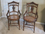 2 Walnut East Lake Style Parlor Chairs w/ Burled Accent & Cane Seats