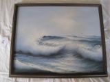 Waves Rolling Ashore Scene Oil on Canvas Artist Signed in Frame