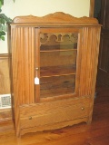 Depression Era Style Mixed Wood Cabinet w/ Glass Pane, Fretwork & Base Drawer