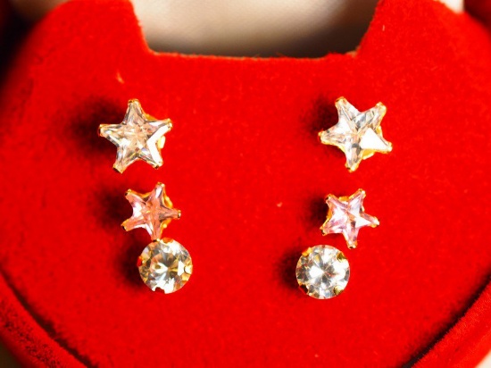 Set - 3 14kt Gold Stud, Pink Star & White Star Earrings