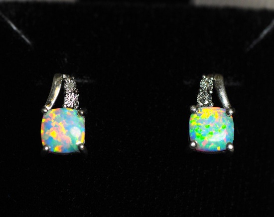 Sterling Silver Natural Diamond Created Opal