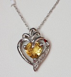 Sterling Silver Natural Citrine November Birthstone Heart Shaped Pendant Necklace