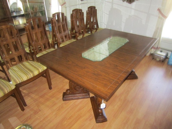 Dark Stained Mahogany Extendable Wood Table w/ Ornate Design, Floral Motif Legs