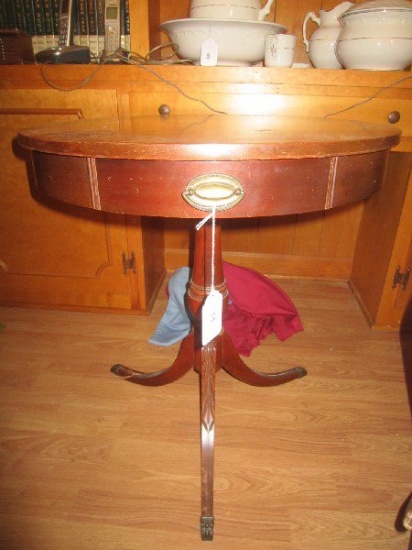 Wood Round Side Table w/ 1 Drawer Metal Pulls, Claw Feet, Carved Motif by Mersmen