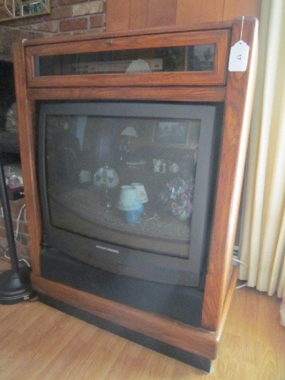 Retro Wood Entertainment/TV Cabinet, 1 Drop Down, Drawer w/ TV/VCR/DVD Player