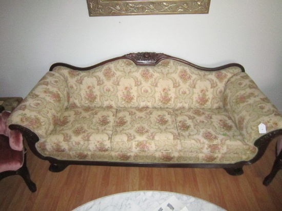 Ornate Dark Wood Carved Berry Motif Couch w/ Rose Pattern Upholstery, Curved Feet