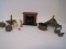 Lot - Miniature Brass Mantel Clock, Fireplace w/ Andirons, Log, Tool Set w/ Stand