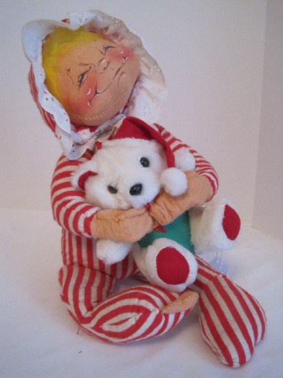 Vintage Annalee Doll 1957 Child Wearing Striped Sleeper Pajamas Holding Teddy Bear