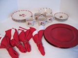 Lot - 15 Pieces Holiday Stoneware, 4 Burgundy Chargers, Red/White Linen Napkins