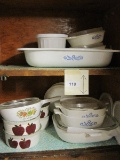 Lot - Corningware Blue Corn Flower/Spice of Life Bakeware & 4 Apple Stencil Pattern Bowls
