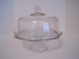 Pressed Glass Pedestal Cake Plate Relief Flower Pattern w/ Scalloped Rim & Dome Cover