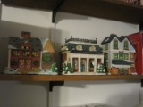 4 Christmas Village Hand Painted Porcelain Buildings Bankers House, General Store, Barn