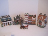 4 Christmas Village Hand Painted Porcelain Buildings Market/Clock Shop, Grist Mill