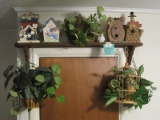 Lot - Decorative Bird Houses, 2 Hanging Baskets & Greenery