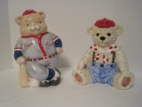 2 Ceramic Cookie Jars Teddy Bear Wearing Overalls & Baseball Player Bear #1