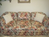 Formal Floral Upholstered Sofa w/ Tufted Cushions & Pleated Skirt