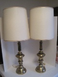 2 Table Lamps Brass Finish Antiqued Patina on Plinth Base