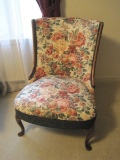 Curved Back Slipper Chair w/ Floral Upholstery & Wood Trim on Cabriole Legs