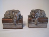 Pair - Plaster Bookends Cat Laying on 2 Books Gilded Antique Patina