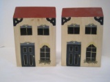 Pair - Pine Wooden Bookends Hand Painted Victorian House w/ Planter Box