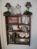 Pine Wall Display Shelf w/ Crystal Nativity, Porcelain Hand Bell, Angel/Cherub Figurines, Etc.