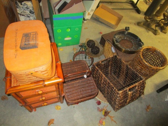 Wicker Lot - Baskets, 3 Drawer Side Chest, Planters, Etc.