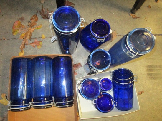 Blue Glass Lot - Jars, Spice Jars, Various Sizes, Etc.