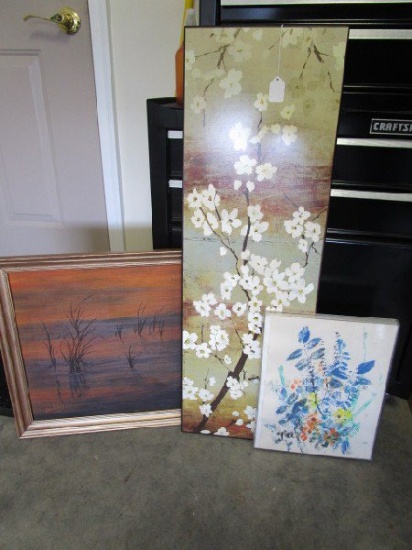 Picture Lot - White Flower Branch Print on Wood Wall Art, Hand Painted Flowers in Plastic Case