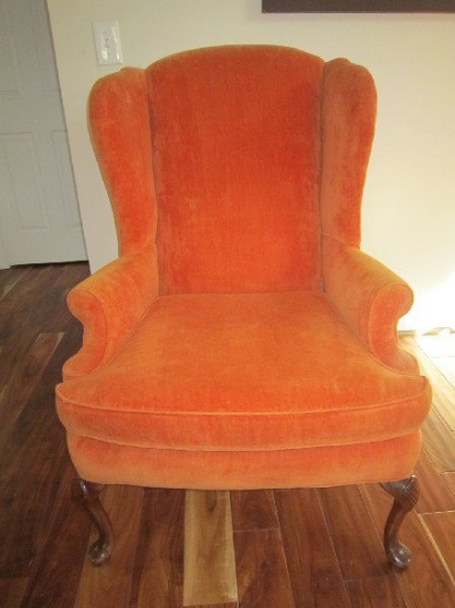 Pair - Orange Upholstered Arm Chairs w/ Wood Bun Feet/Carved Motif w/ Arm Sleeves