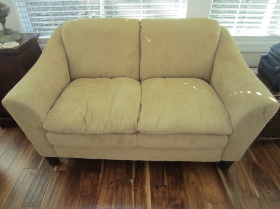 Beige/Cream Upholstered Love Seat w/ Wood Feet